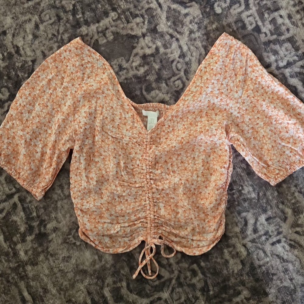H&M Orange Floral Ruched Tie-Front Crop Top Perfect For Spring & Summer Size Med
